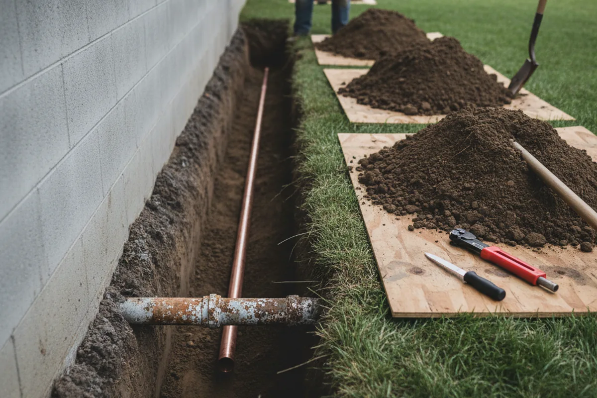 Excavated water line trench during Water Softener Installation in Argillite